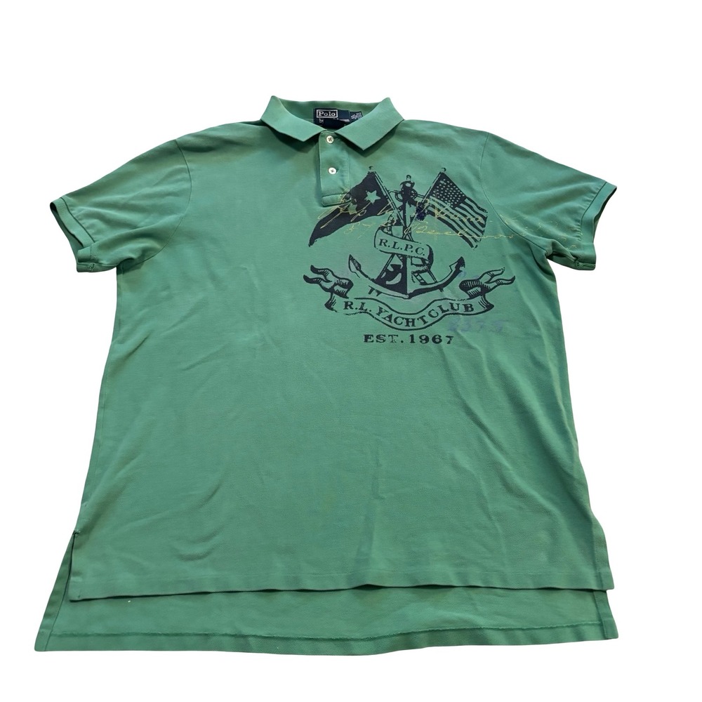 Polo Ralph Lauren Men XL Green Yacht Club Graphic‎ Polo Shirt Custom Fit Cotton